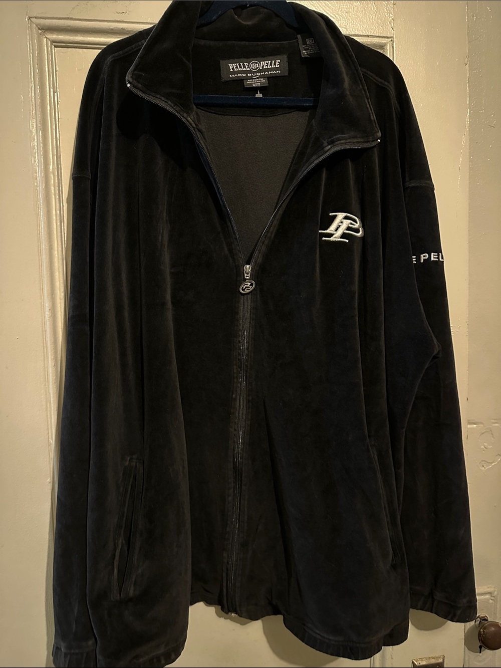 Y2K Pelle Pelle Black Velour Full-Zip Men’s Jacket with Embroidered Logo.